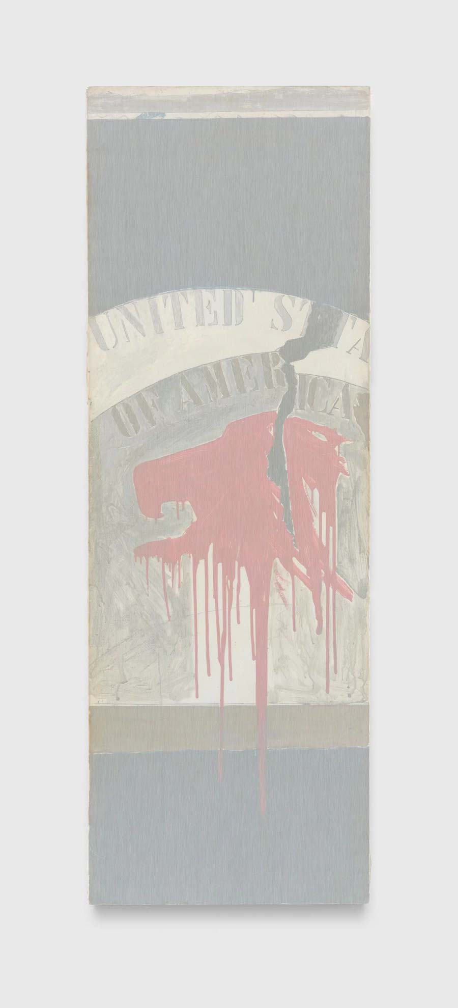 Franco Angeli, Vereinigte Staaten von Amerika (1965; Mischtechnik und Tüll auf Leinwand, 203,2 x 70,2 cm)> Franco Angeli, Vereinigte Staaten von Amerika (1965; Mischtechnik und Tüll auf Leinwand, 203,2 x 70,2 cm)>