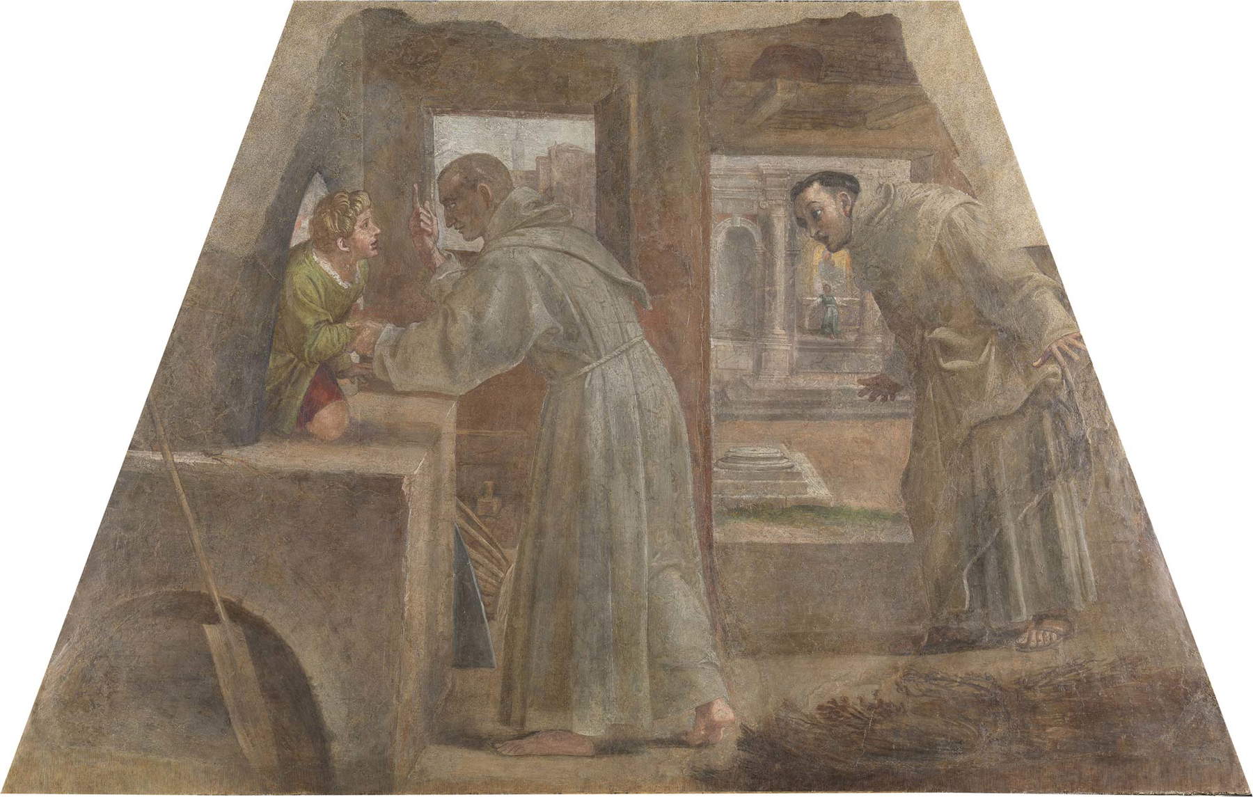 Annibale Carracci y Francesco Albani, San Diego rescata al niño dormido en el horno (1604-1605; fresco transferido a lienzo, 125 x 220 cm; Madrid, Museo Nacional del Prado, P02910) Annibale Carracci y Francesco Albani, San Diego rescata al niño dormido en el horno (1604-1605; fresco transferido a lienzo, 125 x 220 cm; Madrid, Museo Nacional del Prado, P02910)