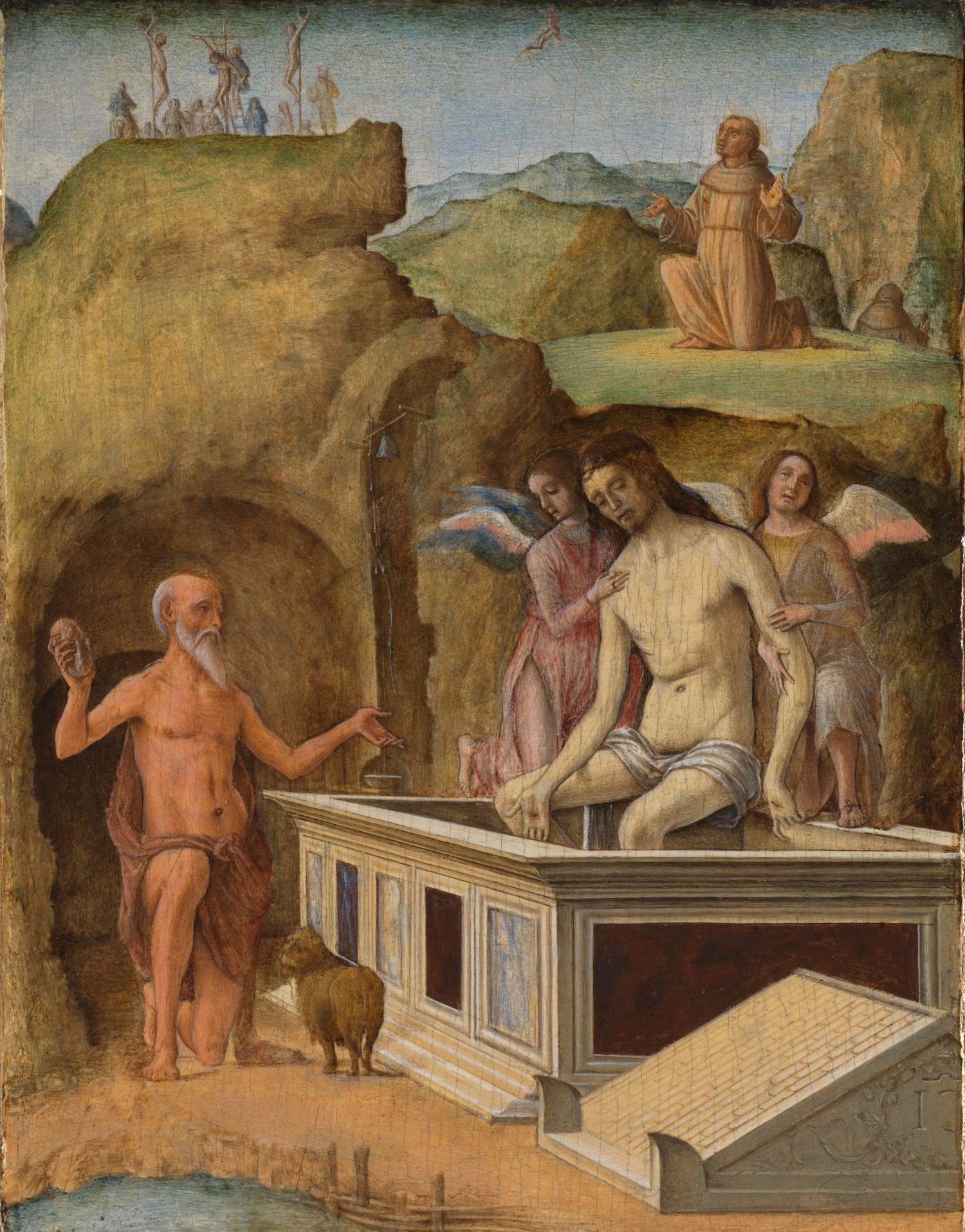 Ercole de' Roberti, Stimmate di San Francesco e visione di San Girolamo (1486-1493; tempera su tavola, 17,8 x 13,5 cm; Londra, National Gallery) Ercole de' Roberti, Stimmate di San Francesco e visione di San Girolamo (1486-1493; tempera su tavola, 17,8 x 13,5 cm; Londra, National Gallery)