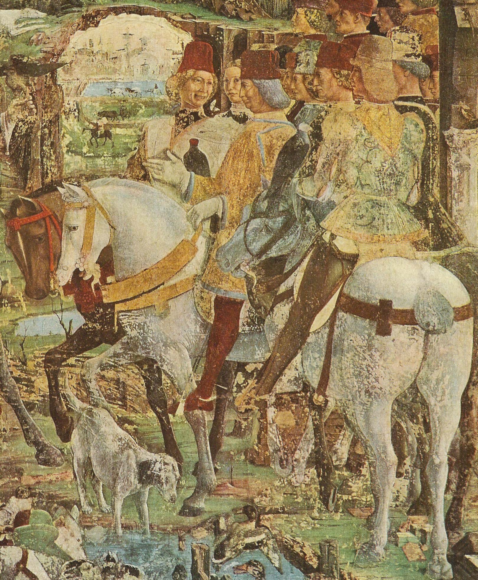 Francesco del Cossa, Il Duca Borso a cavallo durante una caccia col falcone, dall'affresco del Mese di Marzo, del ciclo di Schifanoia (1468-70) Francesco del Cossa, Il Duca Borso a cavallo durante una caccia col falcone, dall'affresco del Mese di Marzo, del ciclo di Schifanoia (1468-70)