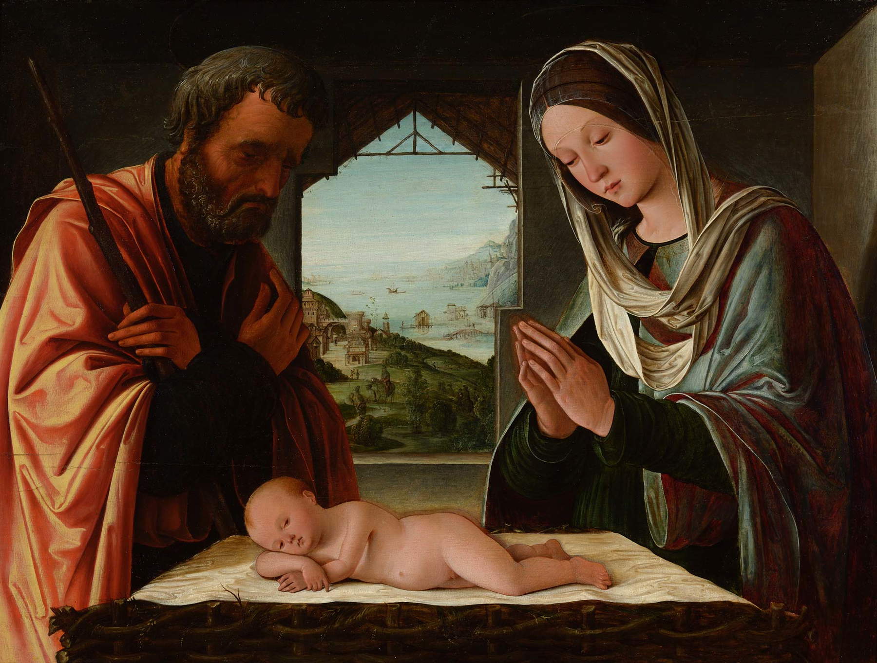 Lorenzo Costa, Natività (1494; olio su tavola, 64,5 x 85,8 cm; Lione, Musée des Beaux-Arts) Lorenzo Costa, Natività (1494; olio su tavola, 64,5 x 85,8 cm; Lione, Musée des Beaux-Arts)