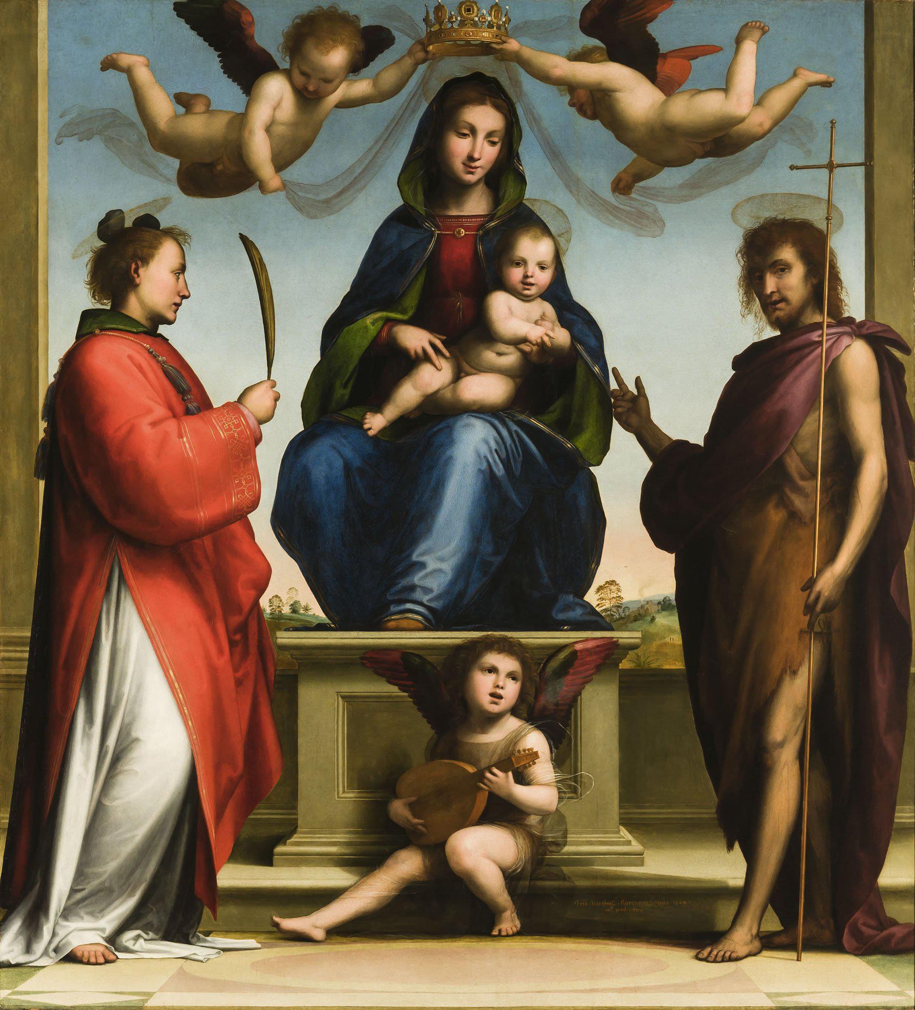 Fra Bartolomeo, Madonna con il Bambino e i Santi Stefano e Giovanni Battista (1509; olio su tavola, 165 x 152 cm; Lucca, Cattedrale di San Martino, Cappella del Santuario) Fra Bartolomeo, Madonna con il Bambino e i Santi Stefano e Giovanni Battista (1509; olio su tavola, 165 x 152 cm; Lucca, Cattedrale di San Martino, Cappella del Santuario)