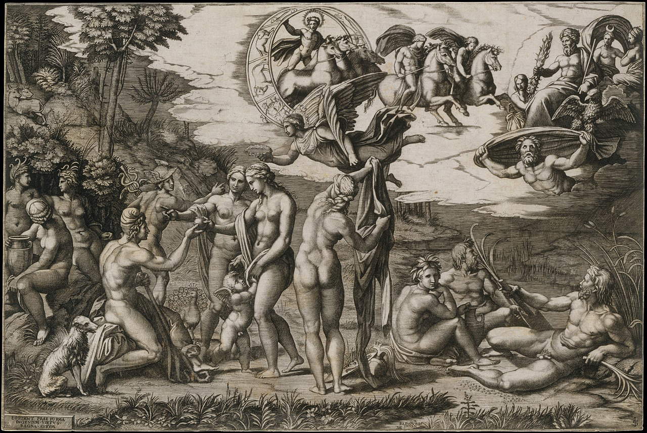 Marcantonio Raimondi, Giudizio di Paride, da Raffaello (1510-1520 circa; incisione, 291 x 437 mm; New York, Metropolitan Museum of Art) Marcantonio Raimondi, Giudizio di Paride, da Raffaello (1510-1520 circa; incisione, 291 x 437 mm; New York, Metropolitan Museum of Art)