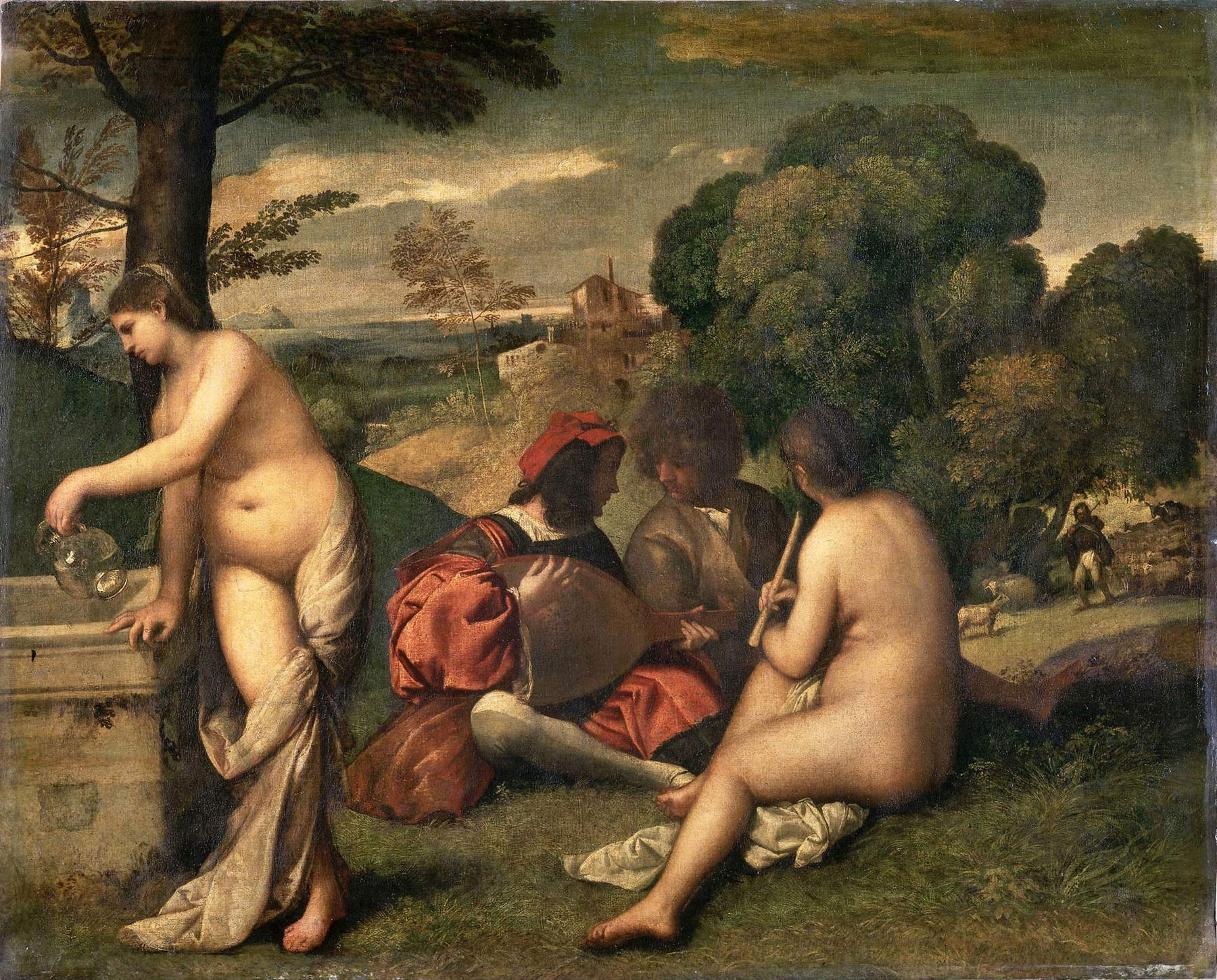 Tiziano Vecellio, Concerto campestre (1510 circa; olio su tela, 110 x 138 cm; Parigi, Louvre) Tiziano Vecellio, Concerto campestre (1510 circa; olio su tela, 110 x 138 cm; Parigi, Louvre)