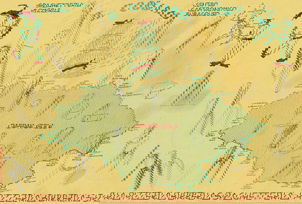 La tovaglietta della pizzeria di Capraia con i disegni di Juicy Salif