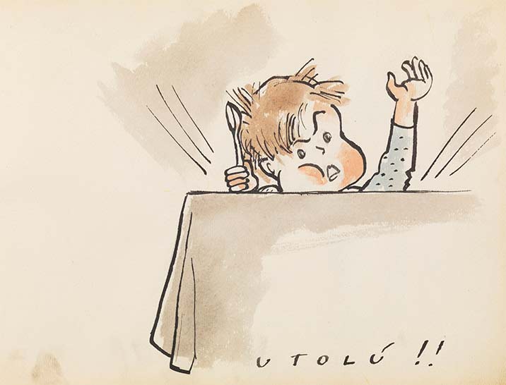 Bedřich Fritta, A tavola!!, dall'album Per Tommy, per il suo terzo compleanno a Terezín, 22 gennaio 1944 (1944; inchiostro, penna e pennello, acquerello, 22,5 x 31,5) © Thomas Fritta-Haas, prestito al Museo Ebraico di Berlino , foto: Jens Ziehe Bedřich Fritta, A tavola!!, dall'album Per Tommy, per il suo terzo compleanno a Terezín, 22 gennaio 1944 (1944; inchiostro, penna e pennello, acquerello, 22,5 x 31,5) © Thomas Fritta-Haas, prestito al Museo Ebraico di Berlino , foto: Jens Ziehe