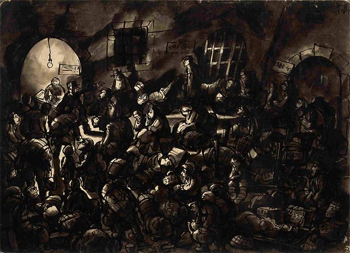 Bedřich Fritta, Persone in attesa di partire per la Polonia (1943-1944; inchiostro, penna e pennello, acquarello, 70,3 x 97 cm). © Thomas Fritta-Haas, prestito a lungo termine al Museo Ebraico di Berlino, foto: Jens Ziehe Bedřich Fritta, Persone in attesa di partire per la Polonia (1943-1944; inchiostro, penna e pennello, acquarello, 70,3 x 97 cm). © Thomas Fritta-Haas, prestito a lungo termine al Museo Ebraico di Berlino, foto: Jens Ziehe