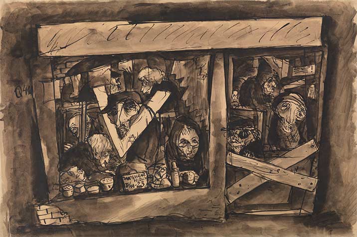 Bedřich Fritta, Camera da letto in un ex negozio (1942-1944; inchiostro, penna e pennello, acquarello, 47,4 x 70,3 cm). © Thomas Fritta-Haas, prestito a lungo termine al Museo Ebraico di Berlino, foto: Jens Ziehe Bedřich Fritta, Camera da letto in un ex negozio (1942-1944; inchiostro, penna e pennello, acquarello, 47,4 x 70,3 cm). © Thomas Fritta-Haas, prestito a lungo termine al Museo Ebraico di Berlino, foto: Jens Ziehe