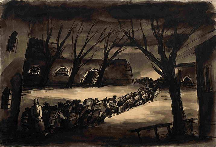 Bedřich Fritta, Un convoglio lascia il ghetto (1942-1943; inchiostro, penna e pennello, acquarello, 48,4 x 70,8 cm). © Thomas Fritta-Haas, prestito a lungo termine al Museo Ebraico di Berlino, foto: Jens Ziehe Bedřich Fritta, Un convoglio lascia il ghetto (1942-1943; inchiostro, penna e pennello, acquarello, 48,4 x 70,8 cm). © Thomas Fritta-Haas, prestito a lungo termine al Museo Ebraico di Berlino, foto: Jens Ziehe