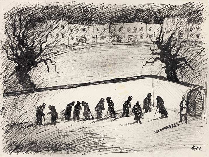Bedřich Fritta, Cortile delle Sudetenkaserne (1943; inchiostro, penna e pennello, 28,5 x 38,2 cm) © Thomas Fritta-Haas, prestito a lungo termine al Museo Ebraico di Berlino, foto: Jens Ziehe Bedřich Fritta, Cortile delle Sudetenkaserne (1943; inchiostro, penna e pennello, 28,5 x 38,2 cm) © Thomas Fritta-Haas, prestito a lungo termine al Museo Ebraico di Berlino, foto: Jens Ziehe
