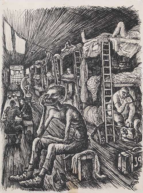Bedřich Fritta, Alloggi per uomini nelle Sudetenkaserne (1943; penna e inchiostro, 37,8 x 28,5 cm) © Thomas Fritta-Haas, prestito a lungo termine al Museo Ebraico di Berlino, foto: Jens Ziehe Bedřich Fritta, Alloggi per uomini nelle Sudetenkaserne (1943; penna e inchiostro, 37,8 x 28,5 cm) © Thomas Fritta-Haas, prestito a lungo termine al Museo Ebraico di Berlino, foto: Jens Ziehe