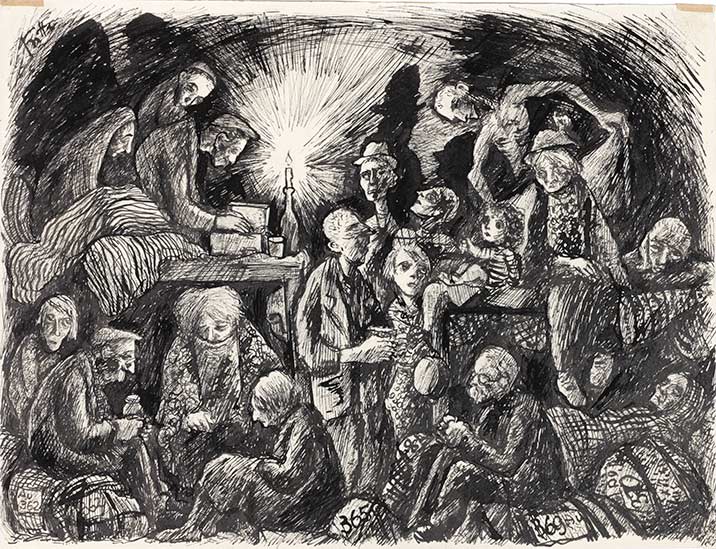 Bedřich Fritta, Dormitori (1943; penna e inchiostro, 28,7 x 37,7 cm) © Thomas Fritta-Haas, prestito a lungo termine al Museo Ebraico di Berlino, foto: Jens Ziehe Bedřich Fritta, Dormitori (1943; penna e inchiostro, 28,7 x 37,7 cm) © Thomas Fritta-Haas, prestito a lungo termine al Museo Ebraico di Berlino, foto: Jens Ziehe