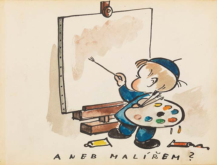 Bedřich Fritta, O il pittore?, dall'album Per Tommy, per il suo terzo compleanno a Terezín, 22 gennaio 1944 (1944; inchiostro, penna e pennello, acquerello, 22,5 x 31,5) © Thomas Fritta-Haas, prestito al Museo Ebraico di Berlino , foto: Jens Ziehe Bedřich Fritta, O il pittore?, dall'album Per Tommy, per il suo terzo compleanno a Terezín, 22 gennaio 1944 (1944; inchiostro, penna e pennello, acquerello, 22,5 x 31,5) © Thomas Fritta-Haas, prestito al Museo Ebraico di Berlino , foto: Jens Ziehe