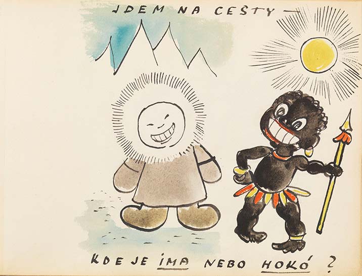 Bedřich Fritta, Siamo in viaggio, in un posto freddo o in un posto caldo?, dall'album Per Tommy, per il suo terzo compleanno a Terezín, 22 gennaio 1944 (1944; inchiostro, penna e pennello, acquerello, 22,5 x 31,5) © Thomas Fritta-Haas, prestito al Museo Ebraico di Berlino , foto: Jens Ziehe Bedřich Fritta, Siamo in viaggio, in un posto freddo o in un posto caldo?, dall'album Per Tommy, per il suo terzo compleanno a Terezín, 22 gennaio 1944 (1944; inchiostro, penna e pennello, acquerello, 22,5 x 31,5) © Thomas Fritta-Haas, prestito al Museo Ebraico di Berlino , foto: Jens Ziehe