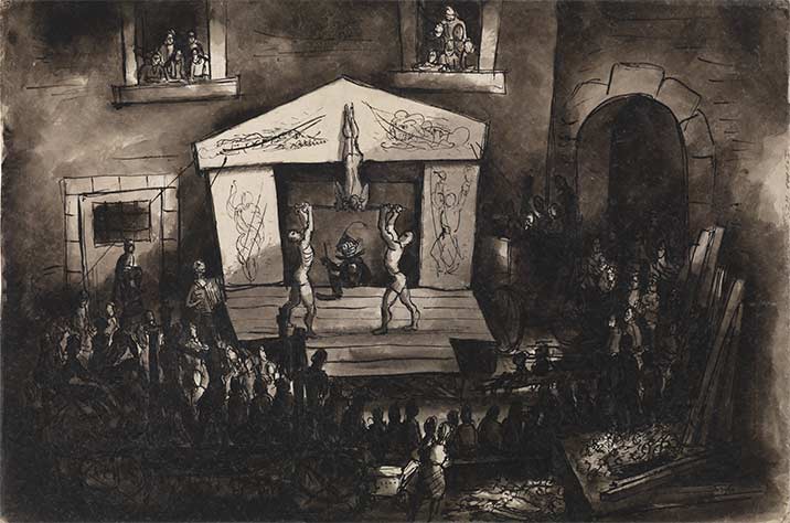 Bedřich Fritta, Teatro Vaudeville (1943-1944; inchiostro, penna e pennello, acquarello, 55,7 x 83,5 cm) © Thomas Fritta-Haas, prestito a lungo termine al Museo Ebraico di Berlino, foto: Jens Ziehe Bedřich Fritta, Teatro Vaudeville (1943-1944; inchiostro, penna e pennello, acquarello, 55,7 x 83,5 cm) © Thomas Fritta-Haas, prestito a lungo termine al Museo Ebraico di Berlino, foto: Jens Ziehe
