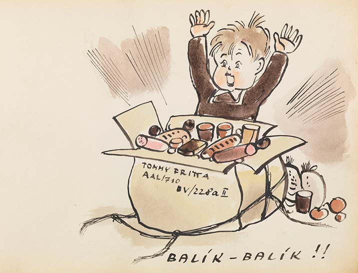 Bedřich Fritta, Un pacco - un pacco!, dall'album Per Tommy, per il suo terzo compleanno a Terezín, 22 gennaio 1944 (1944; inchiostro, penna e pennello, acquerello, 22,5 x 31,5) © Thomas Fritta-Haas, prestito al Museo Ebraico di Berlino , foto: Jens Ziehe Bedřich Fritta, Un pacco - un pacco!, dall'album Per Tommy, per il suo terzo compleanno a Terezín, 22 gennaio 1944 (1944; inchiostro, penna e pennello, acquerello, 22,5 x 31,5) © Thomas Fritta-Haas, prestito al Museo Ebraico di Berlino , foto: Jens Ziehe