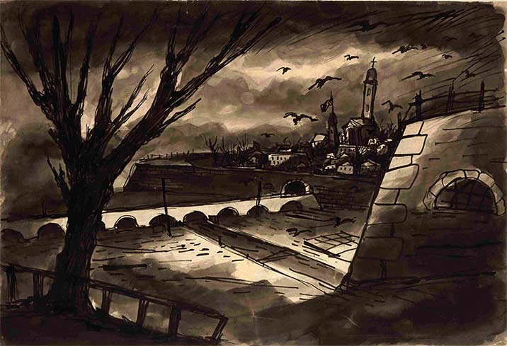Bedřich Fritta, Veduta di Theresienstadt, le colline della Boemia in lontananza (1942-1944; Inchiostro, penna e pennello, acquarello, 48,3 x 70,5 cm). © Thomas Fritta-Haas, prestito a lungo termine al Museo Ebraico di Berlino, foto: Jens Ziehe Bedřich Fritta, Veduta di Theresienstadt, le colline della Boemia in lontananza (1942-1944; Inchiostro, penna e pennello, acquarello, 48,3 x 70,5 cm). © Thomas Fritta-Haas, prestito a lungo termine al Museo Ebraico di Berlino, foto: Jens Ziehe