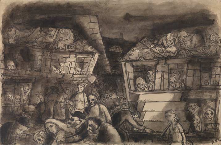 Bedřich Fritta, Vita a Theresienstadt (1943-1944; inchiostro, penna e pennello, acquarello, 54,6 x 83,5 cm) © Thomas Fritta-Haas, prestito a lungo termine al Museo Ebraico di Berlino, foto: Jens Ziehe Bedřich Fritta, Vita a Theresienstadt (1943-1944; inchiostro, penna e pennello, acquarello, 54,6 x 83,5 cm) © Thomas Fritta-Haas, prestito a lungo termine al Museo Ebraico di Berlino, foto: Jens Ziehe
