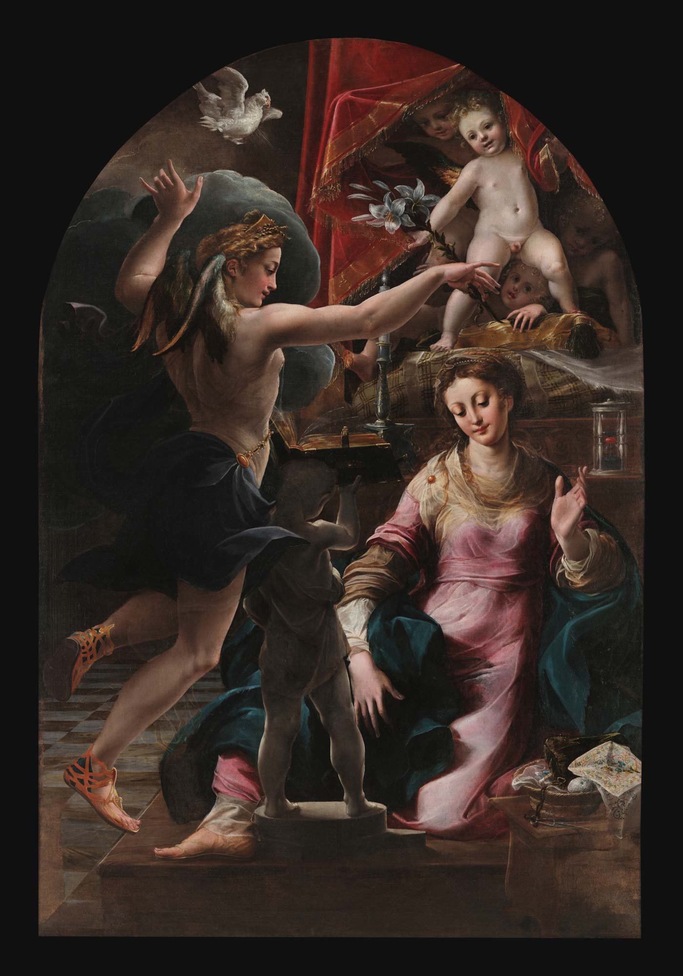 Girolamo Mazzola Bedoli, Annonciation (1555-1560 ; huile sur toile, 228 x 157 cm ; Naples, Museo Nazionale di Capodimonte)