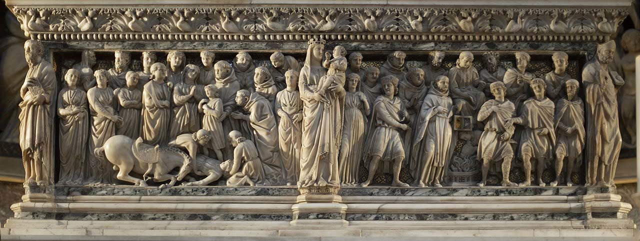 Nicola Pisano y ayudantes, Milagro de la Resurrección de Napoleón Orsini, Estatua de la Virgen con el Niño y Juicio con fuego (1264-1267) Nicola Pisano y ayudantes, Milagro de la Resurrección de Napoleón Orsini, Estatua de la Virgen con el Niño y Juicio con fuego (1264-1267)