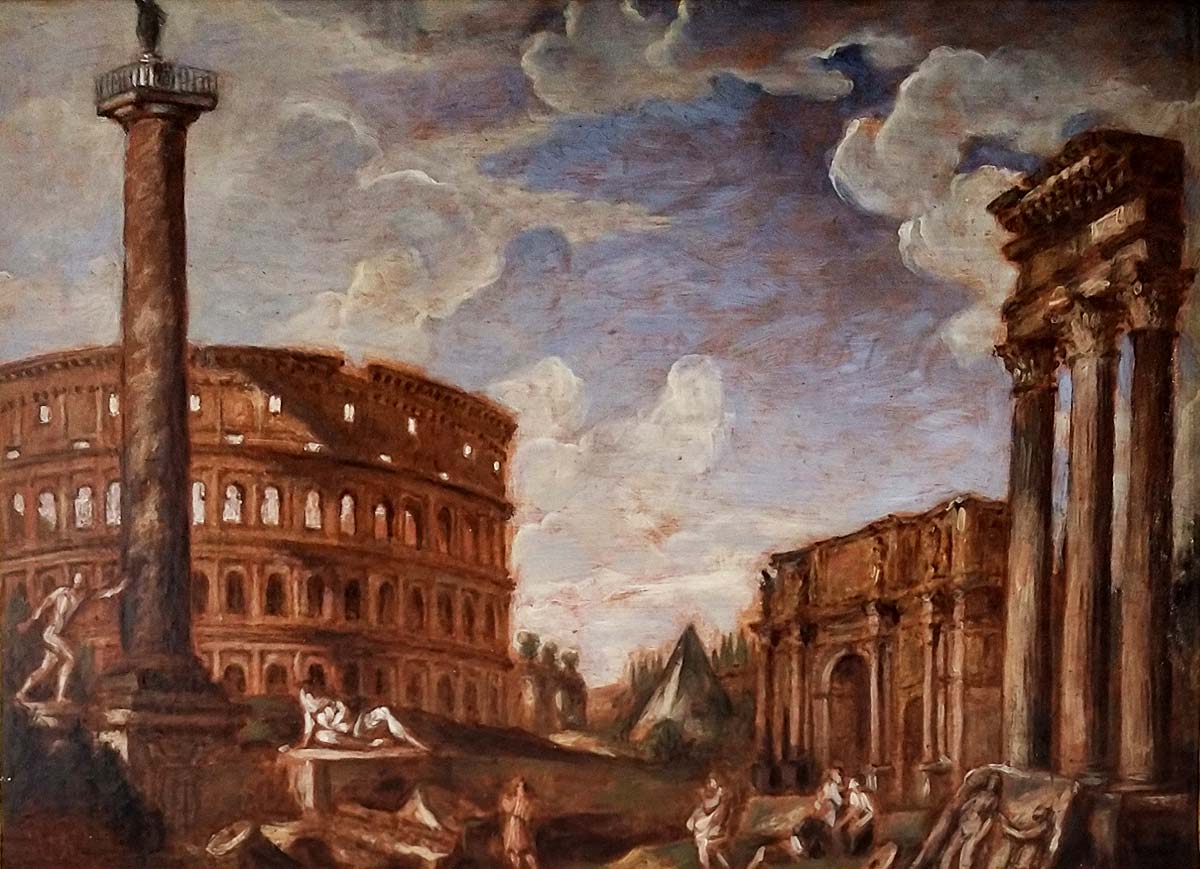 Atelier di Giovanni Paolo Panini, Capriccio architettonico con la colonna Traiana, il Colosseo, l’Arco di Costantino e le colonne del tempio dei Dioscuri (olio su tela, 29 x 40 cm) Atelier di Giovanni Paolo Panini, Capriccio architettonico con la colonna Traiana, il Colosseo, l’Arco di Costantino e le colonne del tempio dei Dioscuri (olio su tela, 29 x 40 cm)