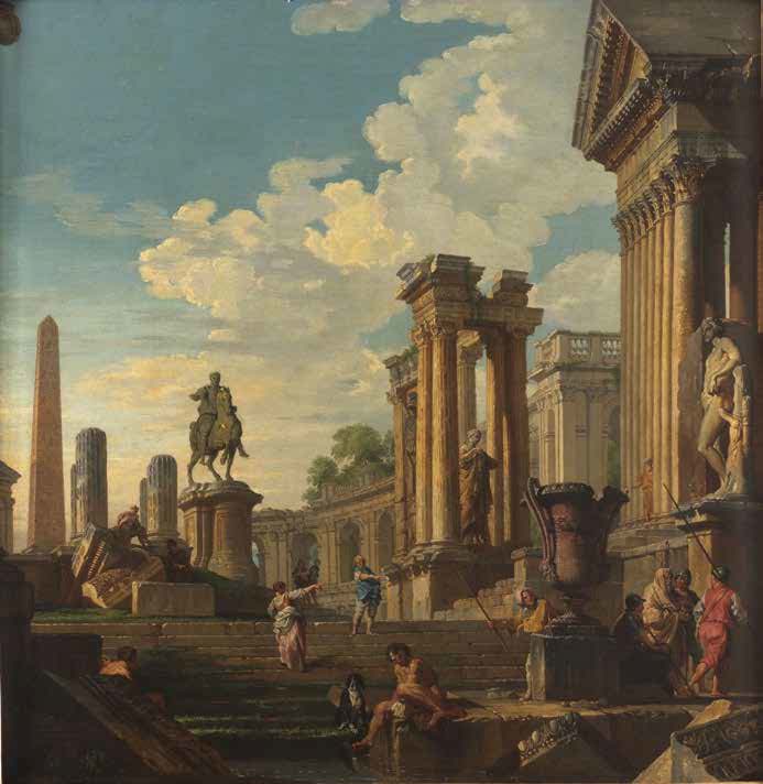Giovanni Paolo Panini, Rovine romane con Marco Aurelio (1750-59 circa; olio su tela, 90 x 89 cm; Piacenza, Banca di Piacenza) Giovanni Paolo Panini, Rovine romane con Marco Aurelio (1750-59 circa; olio su tela, 90 x 89 cm; Piacenza, Banca di Piacenza)