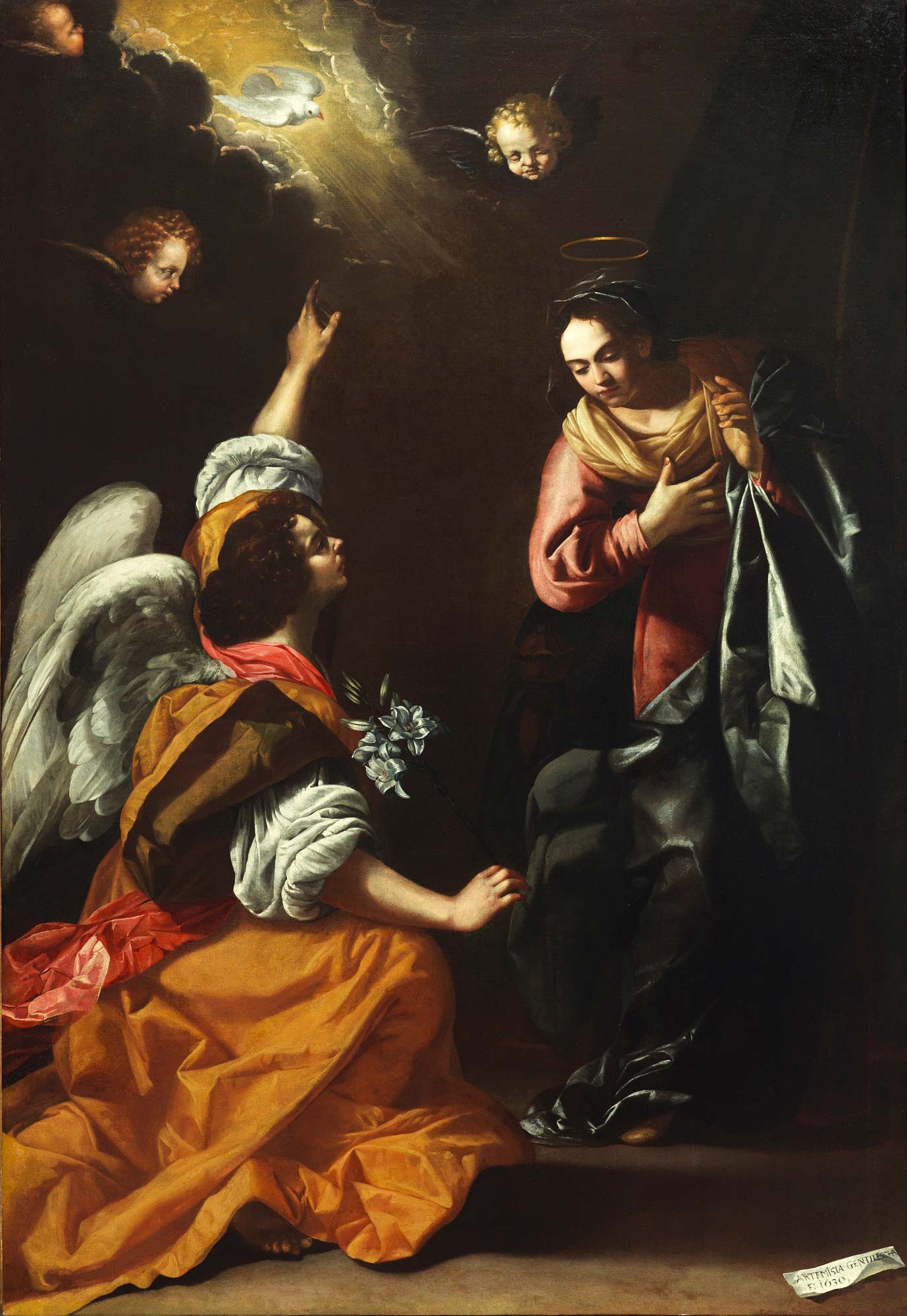 Artemisia Gentileschi, Annunciazione (1630; olio su tela, 257 &times; 179 cm; Napoli, Museo e Real Bosco di Capodimonte, inv. Q375)