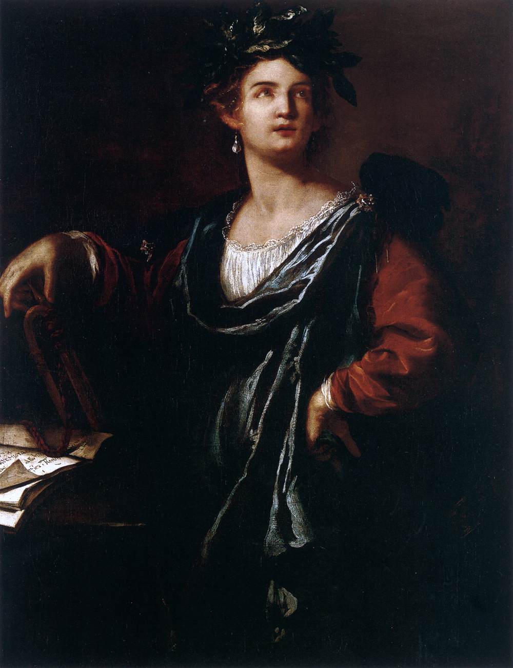 Artemisia Gentileschi, Clio musa della Storia (1632; olio su tela, 127,5 &times; 97,5 cm; Pisa, Fondazione Pisa, Palazzo Blu, inv. PL6)