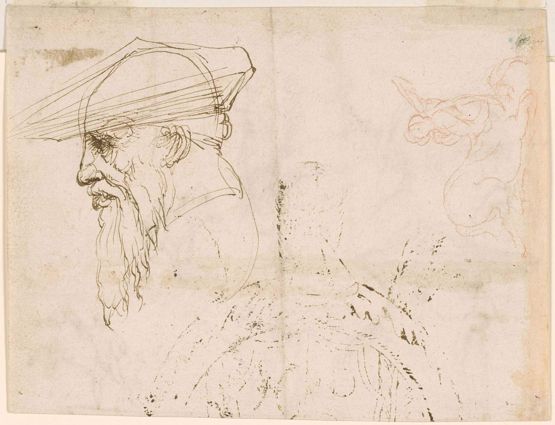 Leone Leoni, <em>Testa di profilo, un centauro e lo stemma dei Medici, Studio per la medaglia di Andrea Doria</em>, verso (1538-1541 circa; penna e inchiostro su carta, 151 x 198 mm; New York, The Morgan Library & Museum) Leone Leoni, Testa di profilo, un centauro e lo stemma dei Medici, Studio per la medaglia di Andrea Doria, verso (1538-1541 circa; penna e inchiostro su carta, 151 x 198 mm; New York, The Morgan Library & Museum)