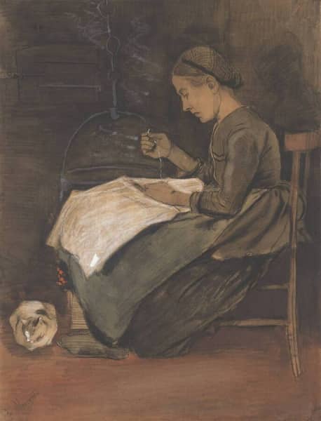 Vincent van Gogh, Donna che cuce e gatto (Etten, ottobre-novembre 1881 gessetto nero e bianco e acquerello opaco su carta vergata, 593 × 452 mm; Otterlo, Kröller-Müller Museum; F887 | JH73 - KM 127.980) Vincent van Gogh, Donna che cuce e gatto (Etten, ottobre-novembre 1881 gessetto nero e bianco e acquerello opaco su carta vergata, 593 × 452 mm; Otterlo, Kröller-Müller Museum; F887 | JH73 - KM 127.980)