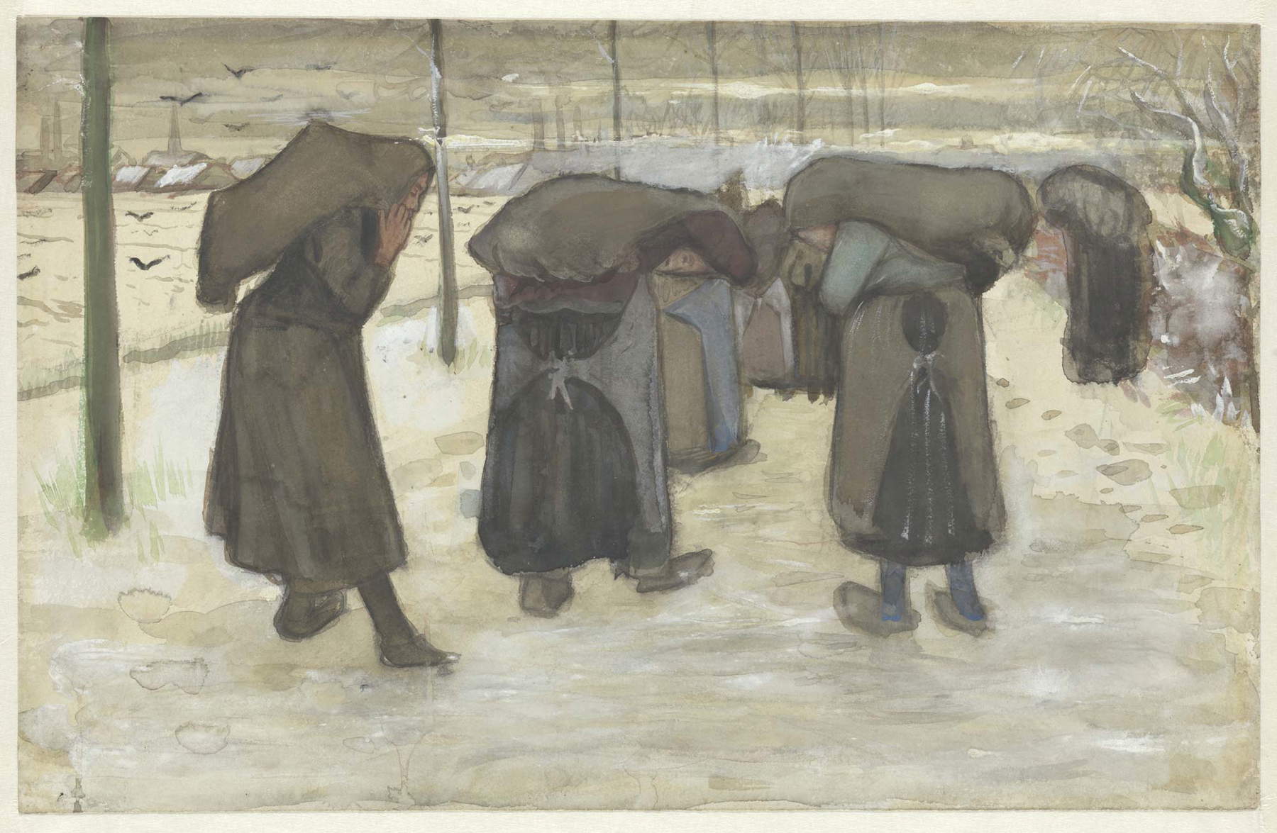 Vincent van Gogh, Donne che trasportano sacchi di carbone nella neve (L’Aia, novembre 1882 gessetto, acquerello opaco e inchiostro su carta velina, 321 × 501 mm; Otterlo, Kröller-Müller Museum; F994 | JH253 KM 121.745) Vincent van Gogh, Donne che trasportano sacchi di carbone nella neve (L’Aia, novembre 1882 gessetto, acquerello opaco e inchiostro su carta velina, 321 × 501 mm; Otterlo, Kröller-Müller Museum; F994 | JH253 KM 121.745)