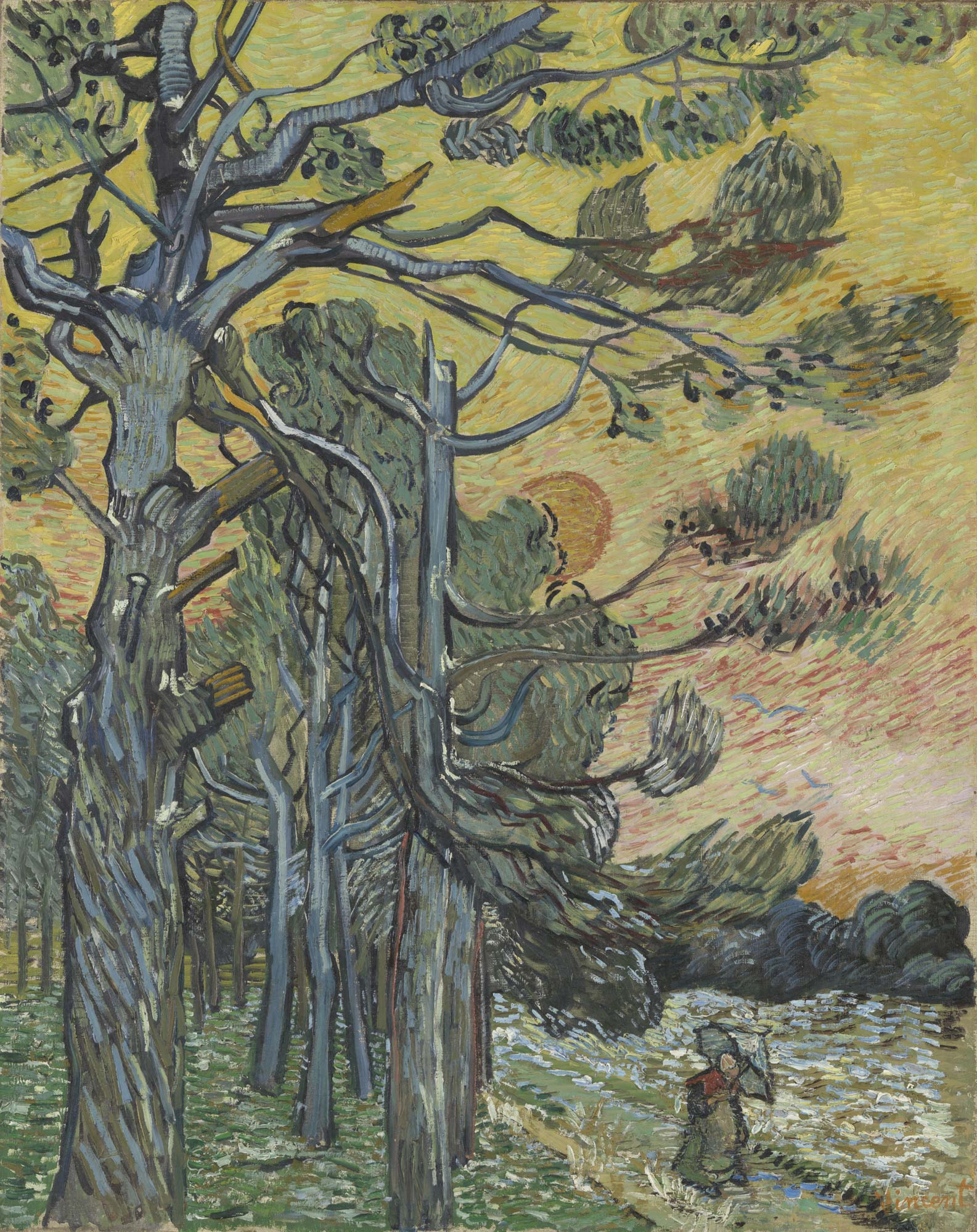 Vincent van Gogh, Kiefern bei Sonnenuntergang (Saint-Rémy, Dezember 1889; Öl auf Leinwand, 93,5 × 74,2 cm; Otterlo, Kröller-Müller Museum; F652 | JH1843 - KM 102.808) Vincent van Gogh, Kiefern bei Sonnenuntergang (Saint-Rémy, Dezember 1889; Öl auf Leinwand, 93,5 × 74,2 cm; Otterlo, Kröller-Müller Museum; F652 | JH1843 - KM 102.808)