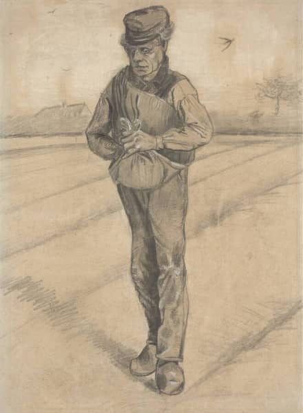 Vincent van Gogh, Seminatore (Etten, settembre 1881 matita, gessetto nero e acquerello opaco su carta vergata grigio-blu, 602 × 442 mm; Otterlo, Kröller-Müller Museum) Vincent van Gogh, Seminatore (Etten, settembre 1881 matita, gessetto nero e acquerello opaco su carta vergata grigio-blu, 602 × 442 mm; Otterlo, Kröller-Müller Museum)