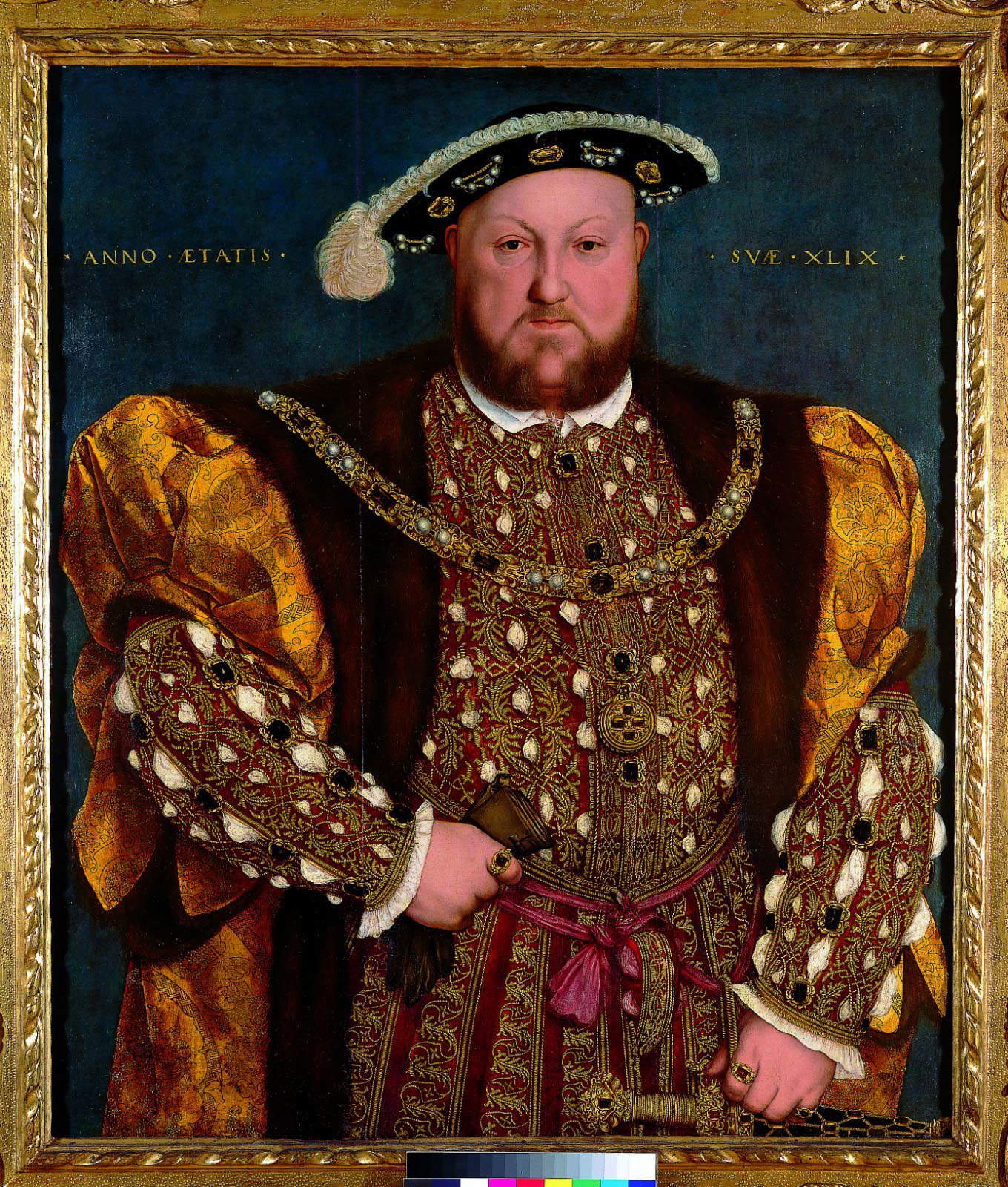 Hans Holbein le Jeune, Portrait d'Henri VIII (1540 ; huile sur panneau, 88,5 × 74,5 cm ; Rome, Gallerie Nazionali d'Arte Antica - Palazzo Barberini, Inv. 878) Hans Holbein le Jeune, Portrait d'Henri VIII (1540 ; huile sur panneau, 88,5 × 74,5 cm ; Rome, Gallerie Nazionali d'Arte Antica - Palazzo Barberini, Inv. 878)