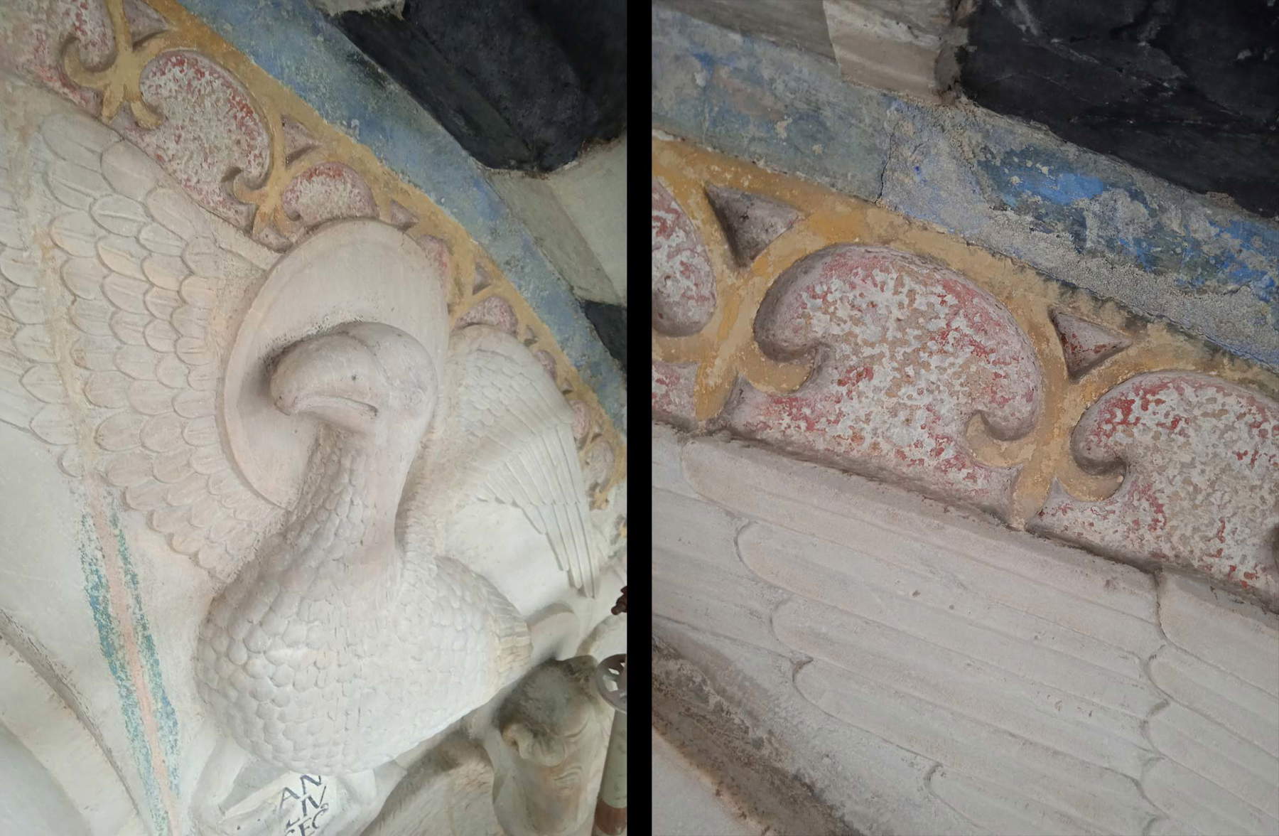 9. a. Détail de la lunette principale avec l'aigle, symbole de l'évangéliste Jean (vue depuis l'échafaudage) ; b. Détail des couleurs de la lunette centrale (vue depuis l'échafaudage). 9. a. Détail de la lunette principale avec l'aigle, symbole de l'évangéliste Jean (vue depuis l'échafaudage) ; b. Détail des couleurs de la lunette centrale (vue depuis l'échafaudage).