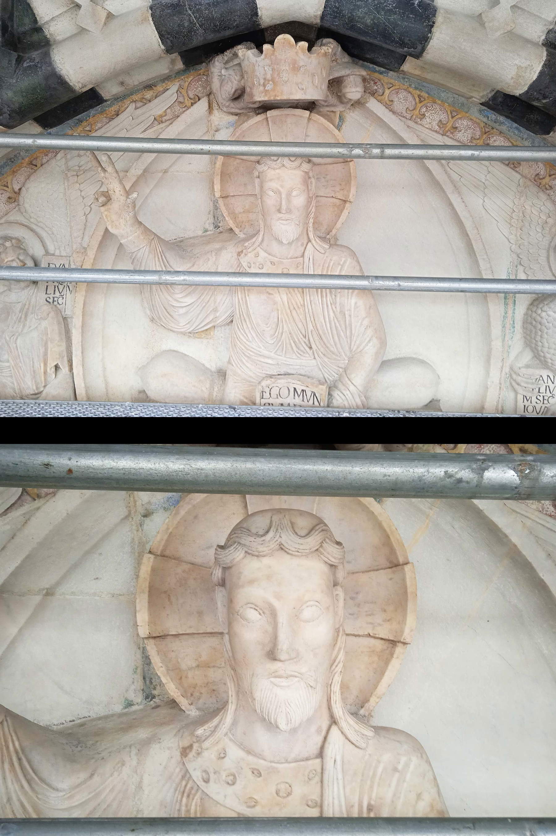 7. Détail du Christ Juge (vue de l'échafaudage). 7. Détail du Christ Juge (vue de l'échafaudage).