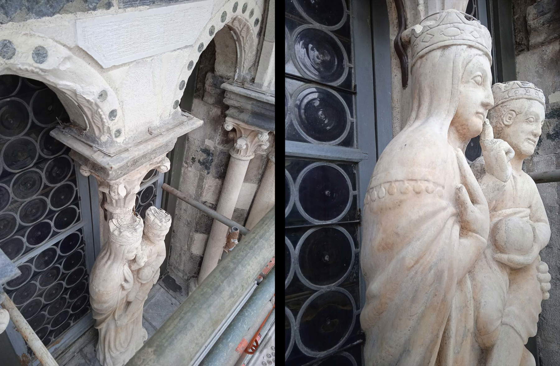 13. La Vierge à l'Enfant et détails (vue de l'échafaudage). 13. La Vierge à l'Enfant et détails (vue de l'échafaudage).