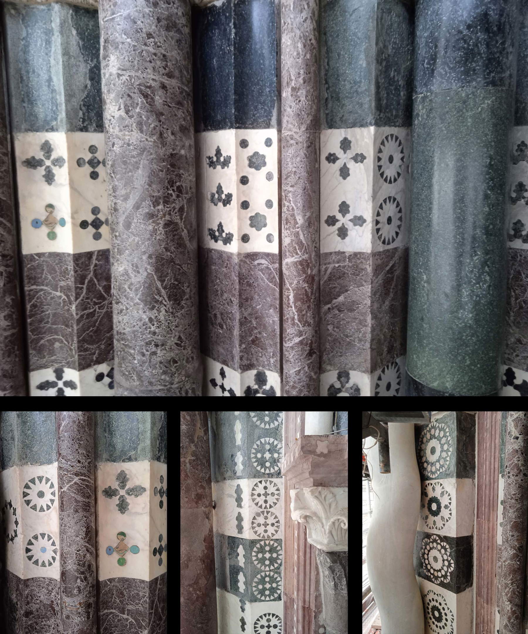 5. Les différents motifs décoratifs irisés qui ornent les éléments des portails (vue de l'échafaudage). 5. Les différents motifs décoratifs irisés qui ornent les éléments des portails (vue de l'échafaudage).