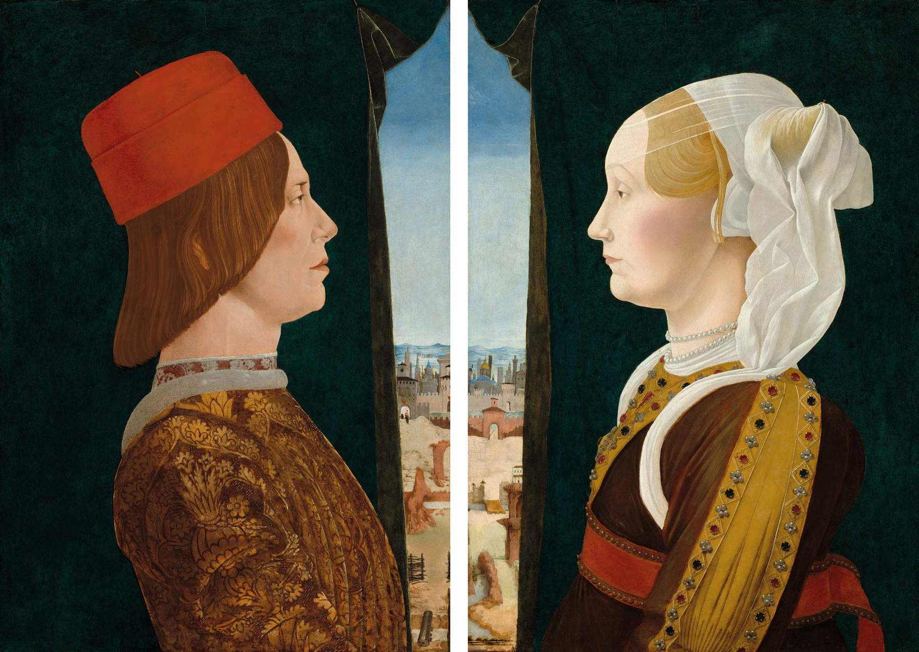 Ercole de' Roberti, Giovanni II Bentivoglio et Ginevra Sforza (1473-74 ; tempera sur panneau, 54 x 38,1 cm et 53,7 x 38,7 cm respectivement ; Washington, National Gallery of Art, Samuel H. Kress Collection) Ercole de' Roberti, Giovanni II Bentivoglio et Ginevra Sforza (1473-74 ; tempera sur panneau, 54 x 38,1 cm et 53,7 x 38,7 cm respectivement ; Washington, National Gallery of Art, Samuel H. Kress Collection)