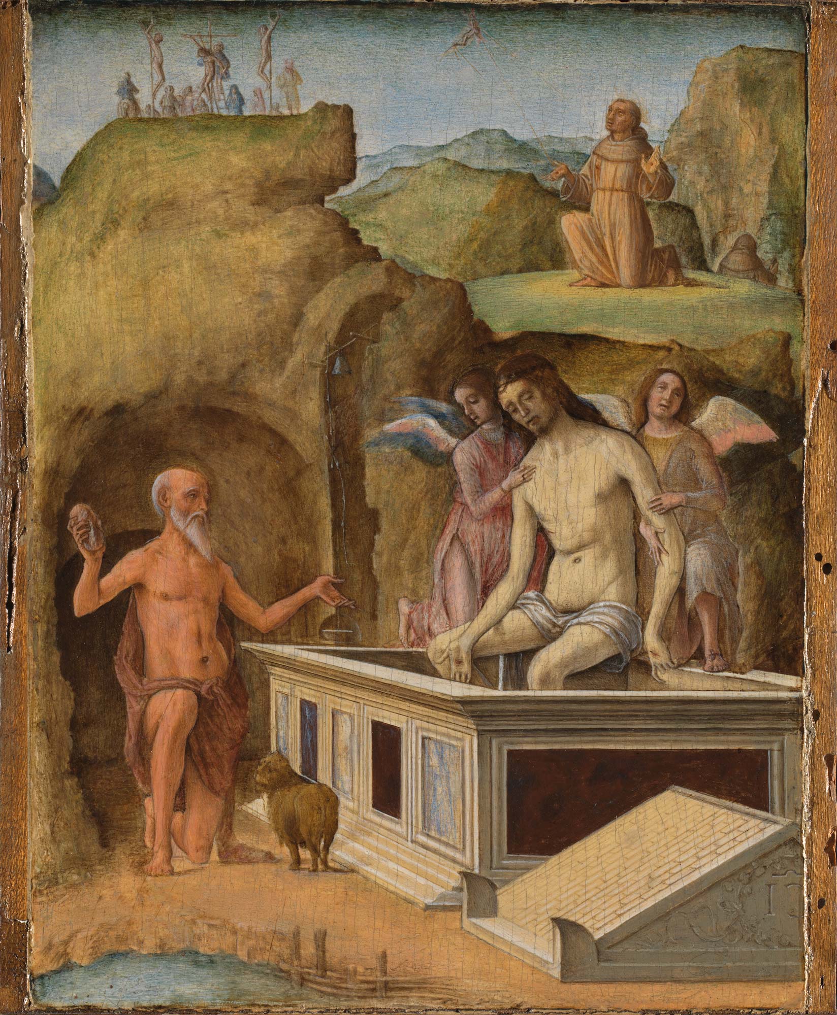 Ercole de' Roberti, Vision de saint Jérôme, Stigmates de saint François, Déposition de croix (1486-93 ; tempera sur panneau, 17,8 x 13,5 ; Londres, National Gallery) Ercole de' Roberti, Vision de saint Jérôme, Stigmates de saint François, Déposition de croix (1486-93 ; tempera sur panneau, 17,8 x 13,5 ; Londres, National Gallery)