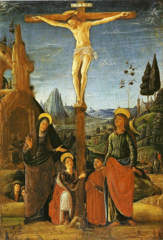 Lorenzo Costa, Crucifixion (1480-83 ; tempera sur panneau, 42,2 x 28,8 cm ; Altenburg, Lindenau-Museum) Lorenzo Costa, Crucifixion (1480-83 ; tempera sur panneau, 42,2 x 28,8 cm ; Altenburg, Lindenau-Museum)