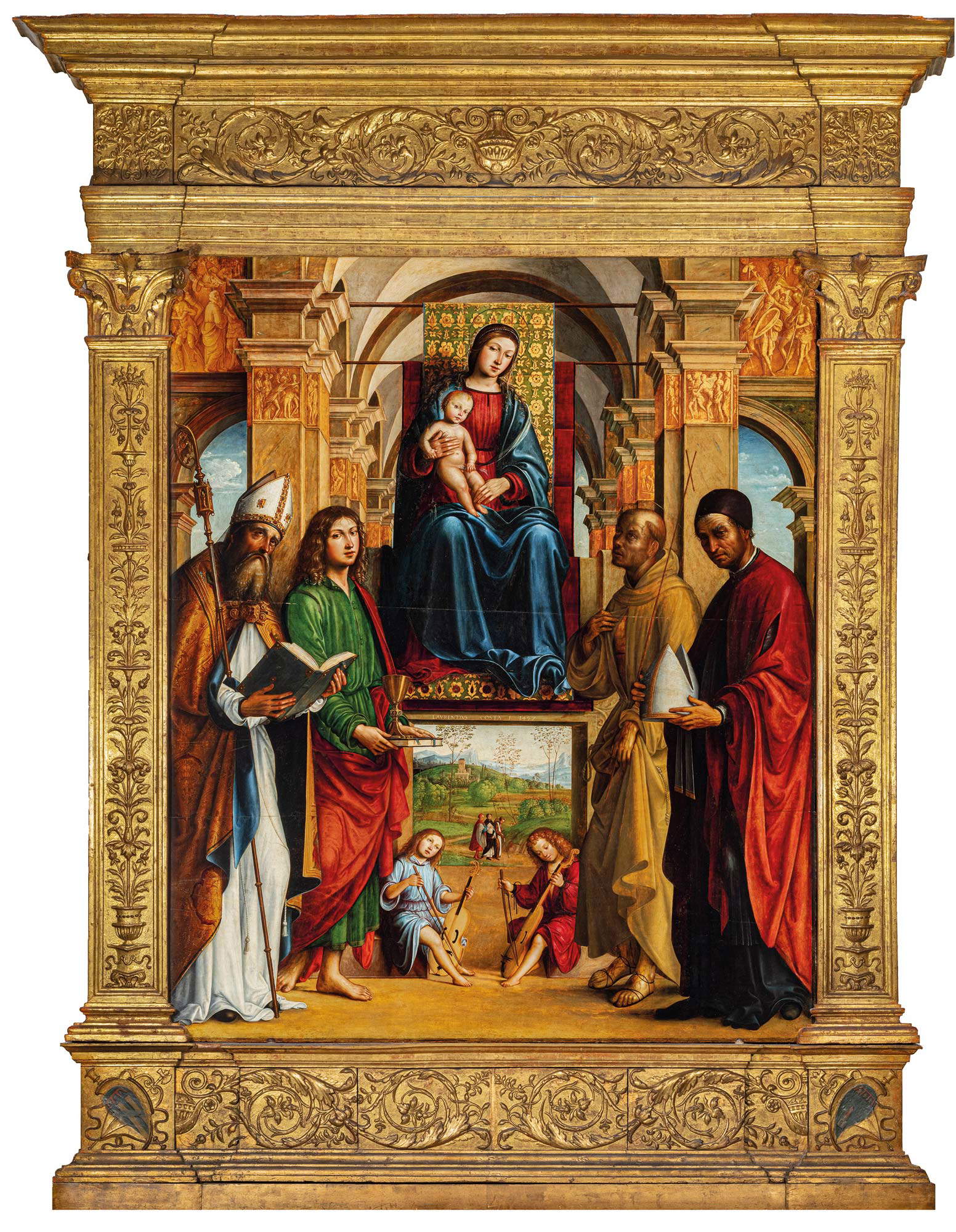 Lorenzo Costa, Vierge à l'enfant avec les saints Augustin, Jean l'évangéliste, François et Possidius (retable Ghedini) (1497 ; tempera et huile sur panneau, 268 x 221 cm ; Bologne, San Giovanni in Monte) Photo Luca Gavagna - images Lorenzo Costa, Vierge à l'enfant avec les saints Augustin, Jean l'évangéliste, François et Possidius (retable Ghedini) (1497 ; tempera et huile sur panneau, 268 x 221 cm ; Bologne, San Giovanni in Monte) Photo Luca Gavagna - images