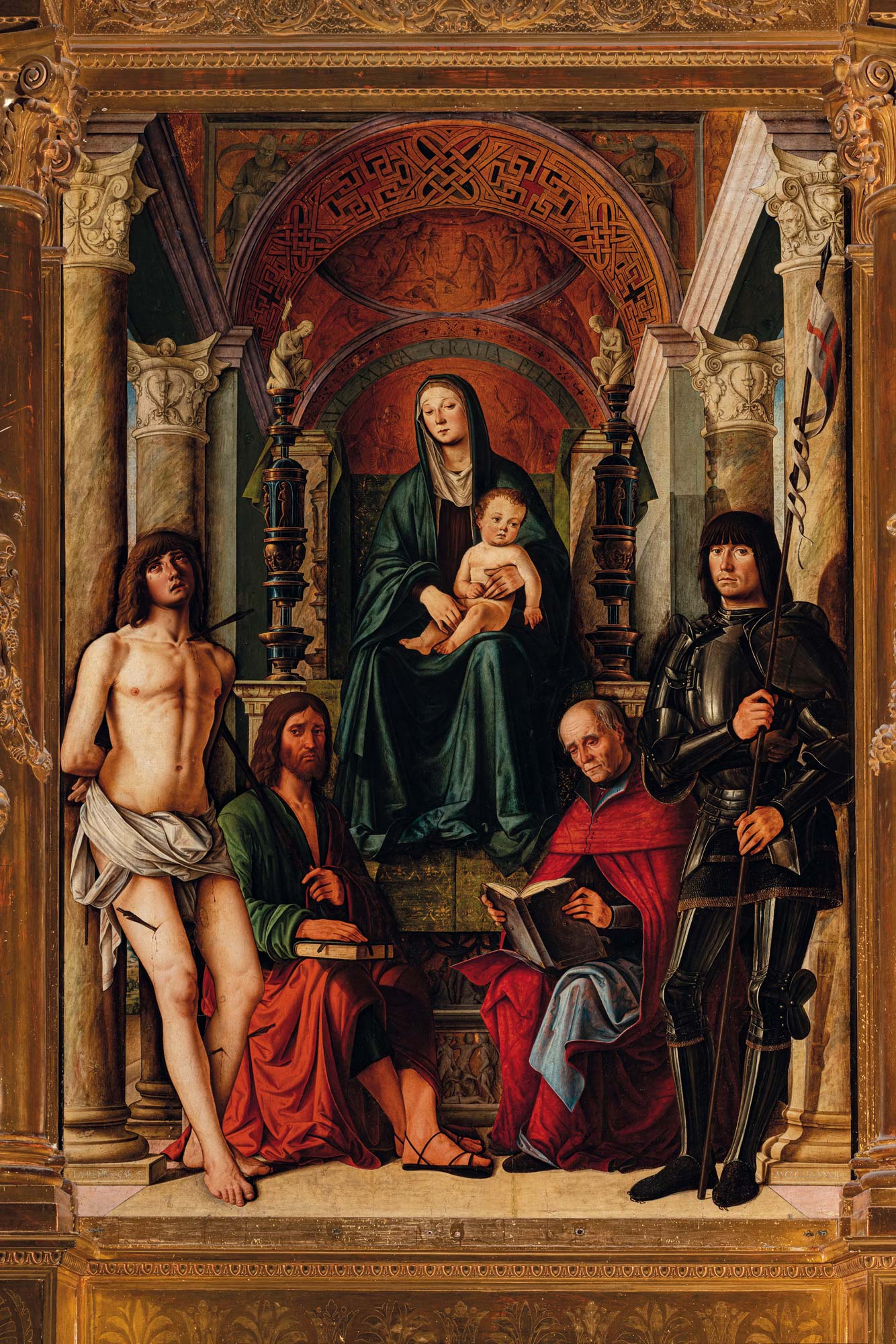 Lorenzo Costa, Vierge à l'enfant avec les saints Sébastien, Jacques, Jérôme et Georges (retable Rossi) (1492 ; tempera et huile sur panneau, 252 x 177 cm ; Bologne, Basilica di San Petronio) Photo Luca Gavagna - images Lorenzo Costa, Vierge à l'enfant avec les saints Sébastien, Jacques, Jérôme et Georges (retable Rossi) (1492 ; tempera et huile sur panneau, 252 x 177 cm ; Bologne, Basilica di San Petronio) Photo Luca Gavagna - images