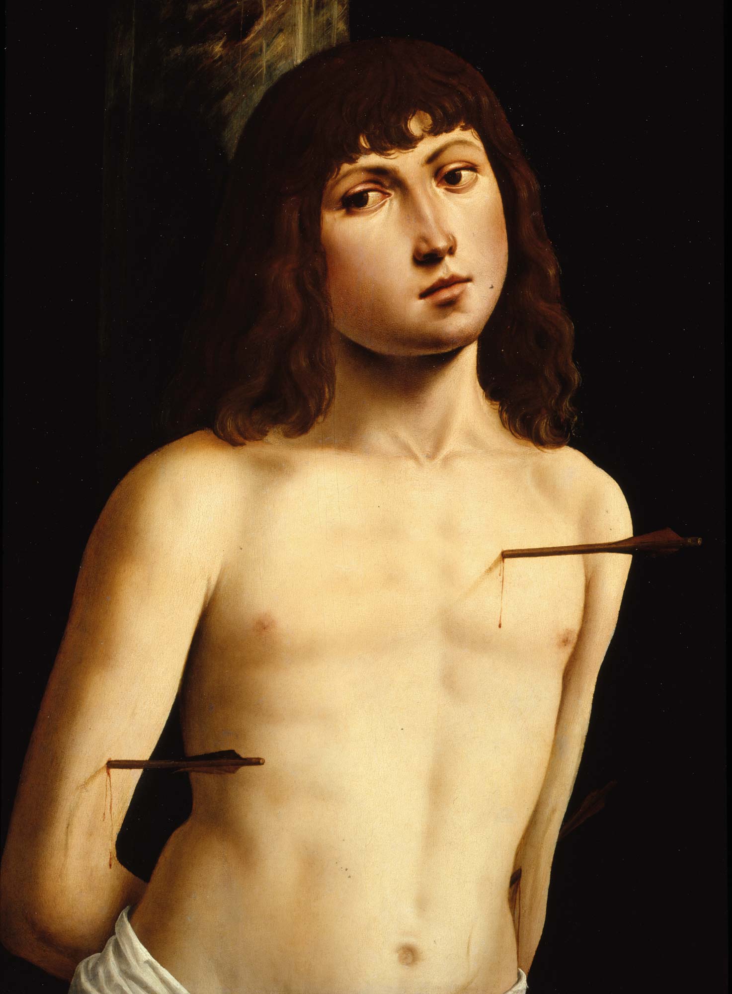 Lorenzo Costa, Saint Sébastien (vers 1492 ; tempera et huile sur panneau, 55 x 49 cm ; Florence, Galeries des Offices) Sur concession du ministère de la Culture Lorenzo Costa, Saint Sébastien (vers 1492 ; tempera et huile sur panneau, 55 x 49 cm ; Florence, Galeries des Offices) Sur concession du ministère de la Culture