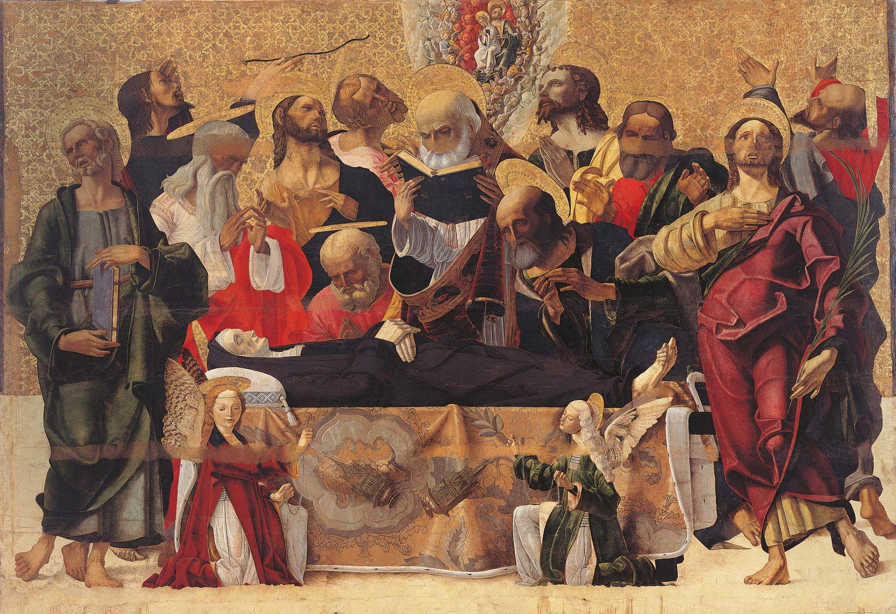 Maestro della Dormitio Virginis Massari, Dormitio Virginis (vers 1490-95 ; tempera et or sur panneau, 158 x 230 cm ; Milan, Veneranda Biblioteca Ambrosiana, Pinacoteca) © Veneranda Biblioteca Ambrosiana / Mondadori Portfolio Maestro della Dormitio Virginis Massari, Dormitio Virginis (vers 1490-95 ; tempera et or sur panneau, 158 x 230 cm ; Milan, Veneranda Biblioteca Ambrosiana, Pinacoteca) © Veneranda Biblioteca Ambrosiana / Mondadori Portfolio