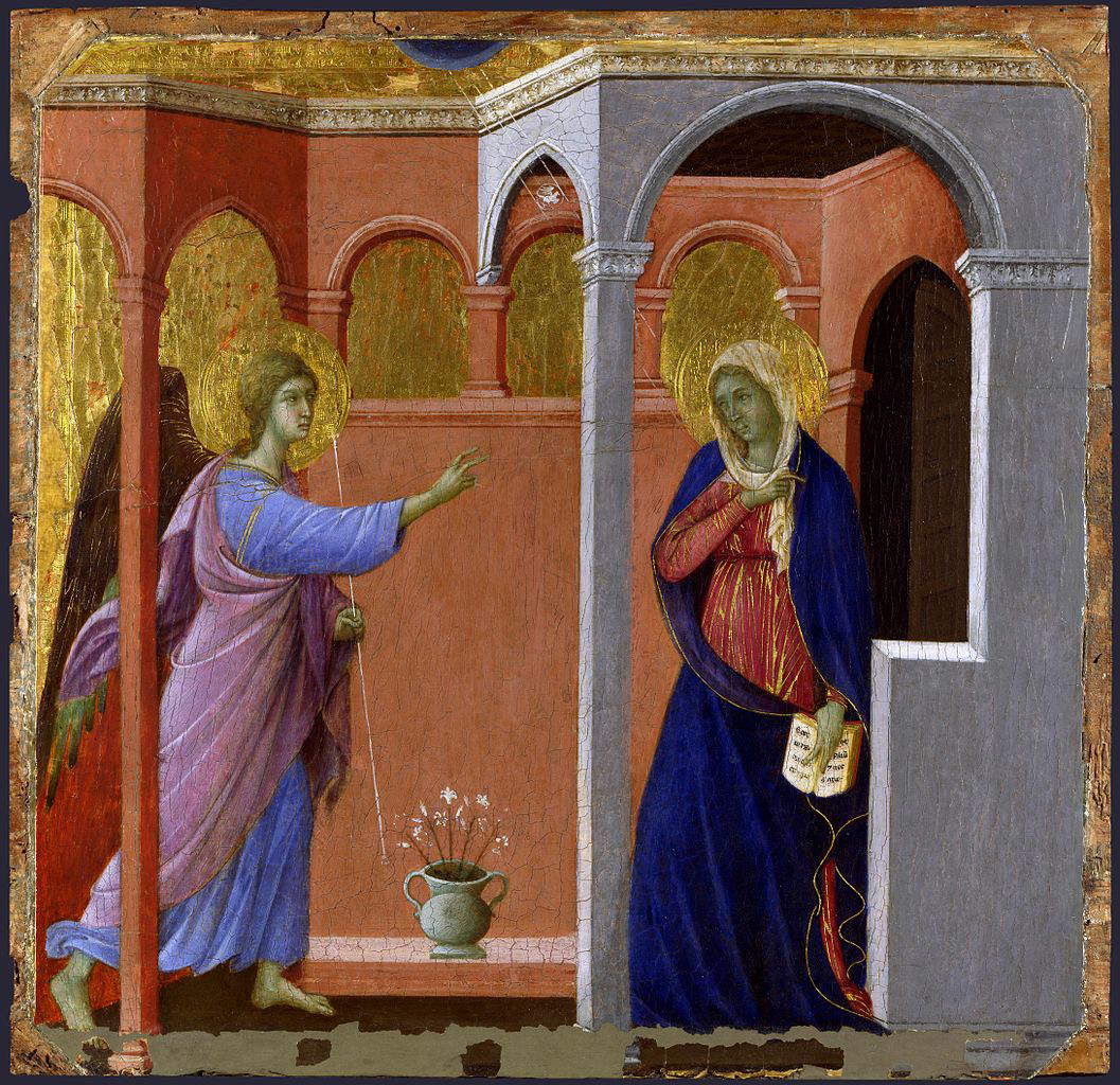 Duccio di Boninsegna, Verkündigung, aus der Majestät des Doms von Siena (1308-1311; Tempera auf Holz, 43 x 44 cm; London, National Gallery)