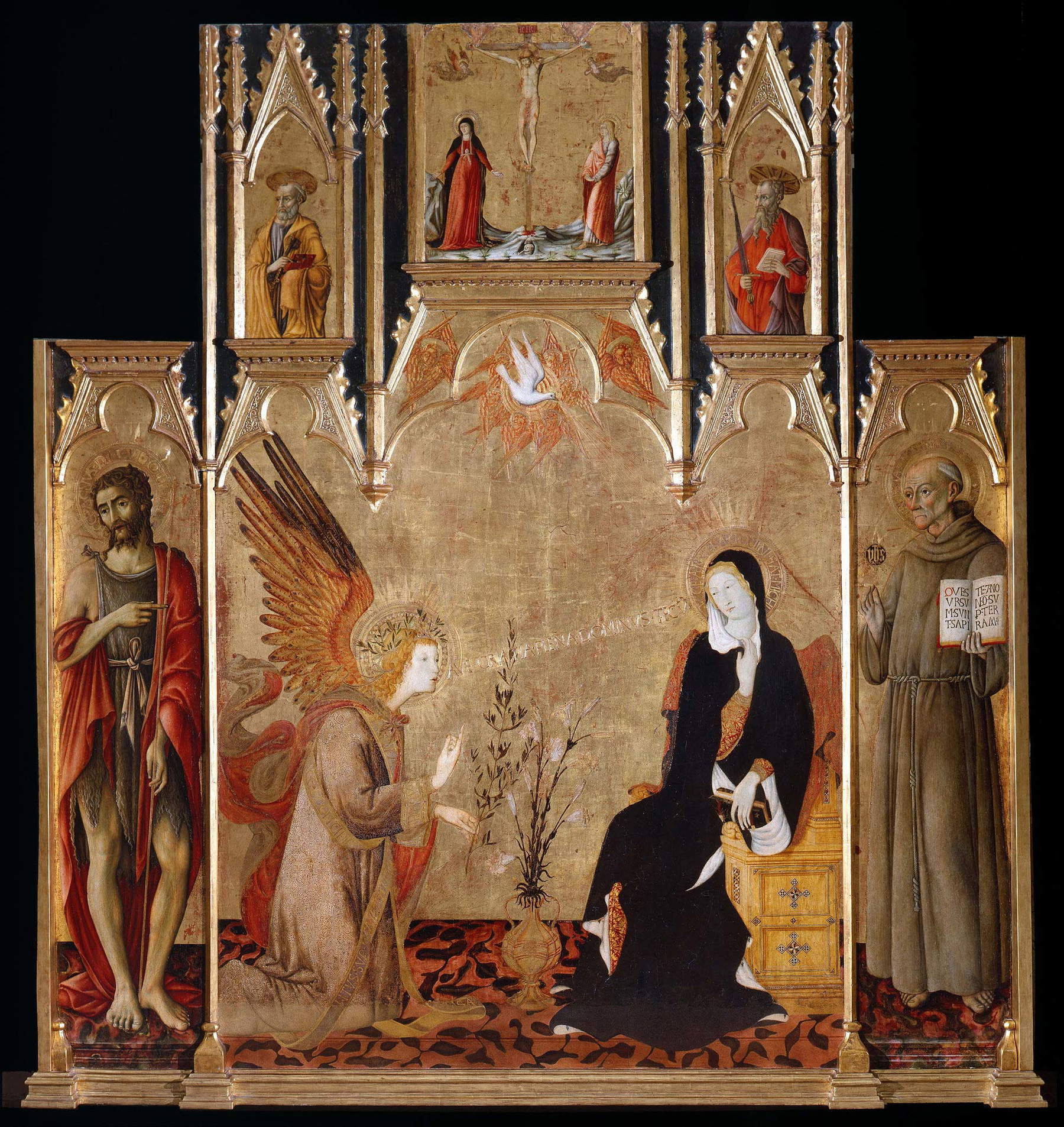 Giovanni di Pietro und Matteo di Giovanni, Verkündigung mit den Heiligen Johannes dem Täufer und Bernhardin (1450-1460; Tempera auf Tafel, 252 x 238 cm; Siena, Pinacoteca Nazionale)