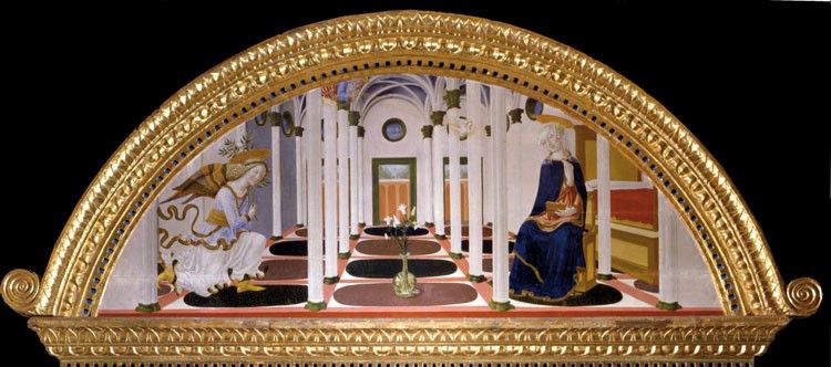 Lorenzo di Pietro, genannt Vecchietta, Verkündigung, aus dem Altarbild von Spedaletto (um 1462; Tempera auf Tafel; Pienza, Museo Diocesano)
