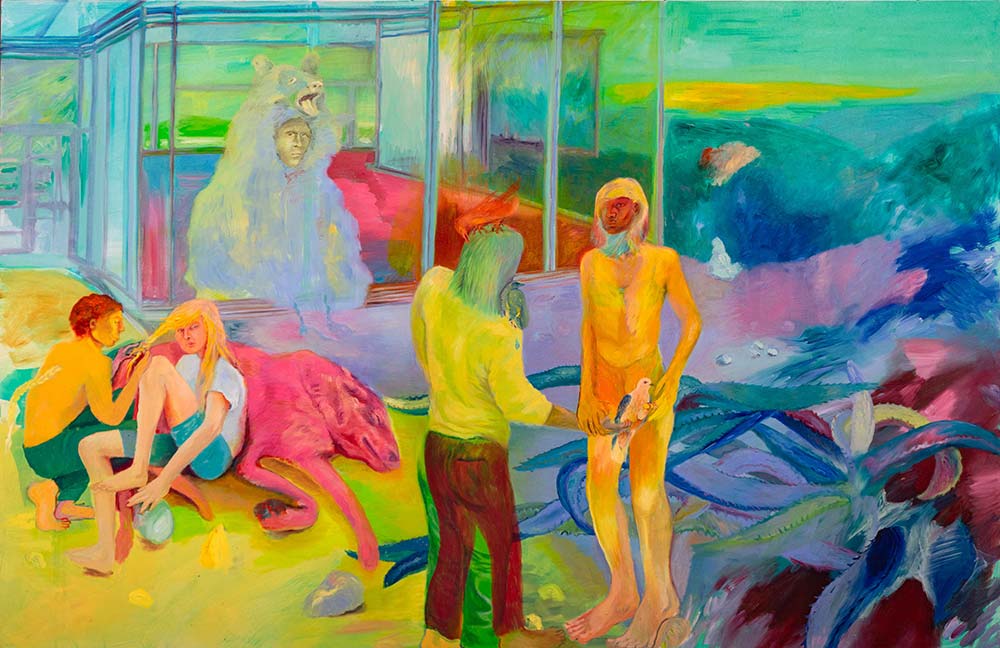 Francesca Banchelli, A bird, a girl, a bird, a boy a bird a man (2016; olio e acrilico su lino, 195 x 130 cm) Francesca Banchelli, A bird, a girl, a bird, a boy a bird a man (2016; olio e acrilico su lino, 195 x 130 cm)