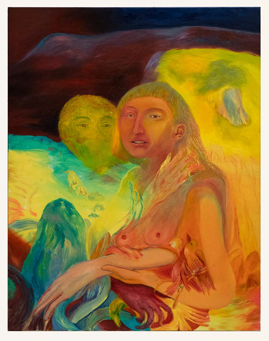 Francesca Banchelli, Gli auguri (2021; olio su lino, 90 x 70 cm) Francesca Banchelli, Gli auguri (2021; olio su lino, 90 x 70 cm)